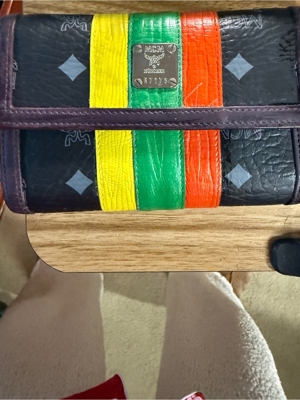 MCM Wallet w Yellow Green & Orange Center Stripes and deep purple int. and trim.